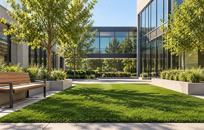 A lawn between two office buildings with a bench, generated image