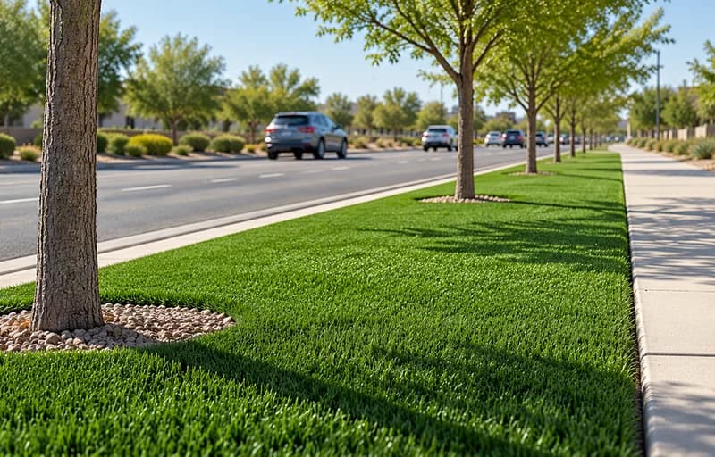 A turf median between a road and a sidewalk, generated image