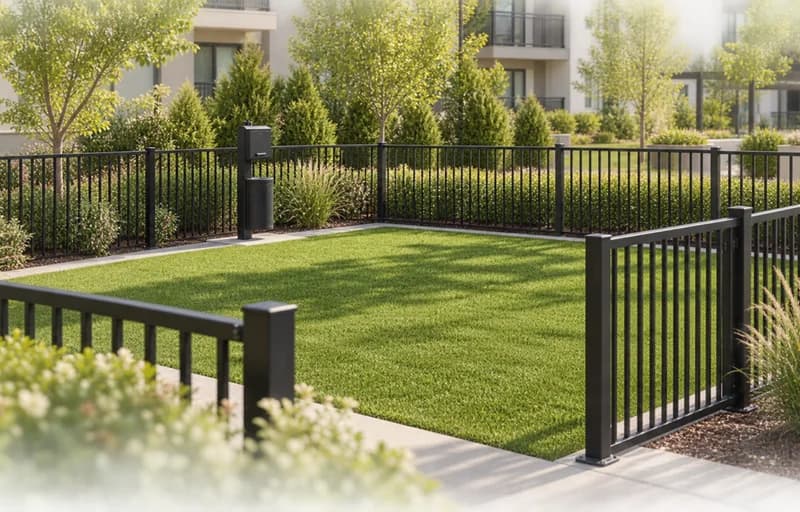 A fenced pet relief area on artificial turf, generated image