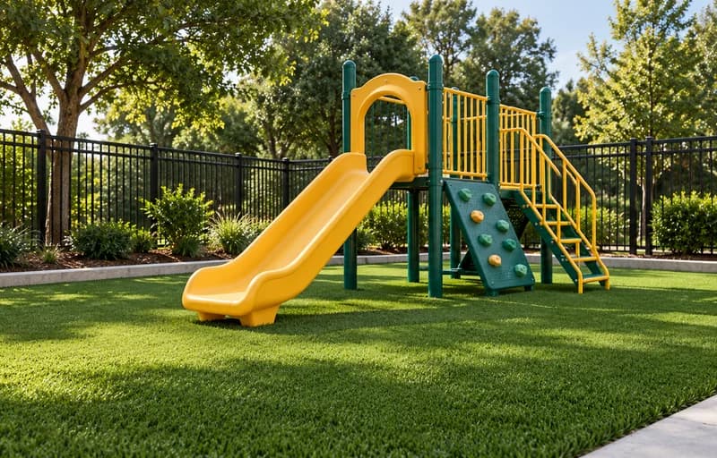 A playground slide on artificial turf, generated image