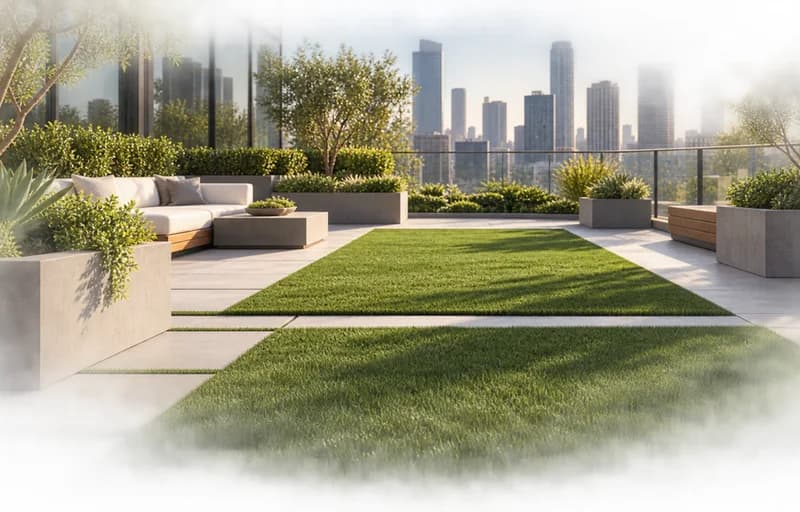 A rooftop courtyard with turf between pavers, generated image