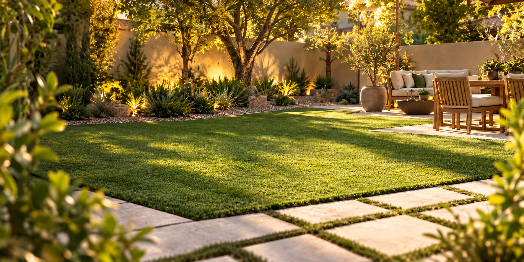 A broad artificial lawn at golden hour, stepping stones in the foreground, a furnished patio and planting to the right, generated image