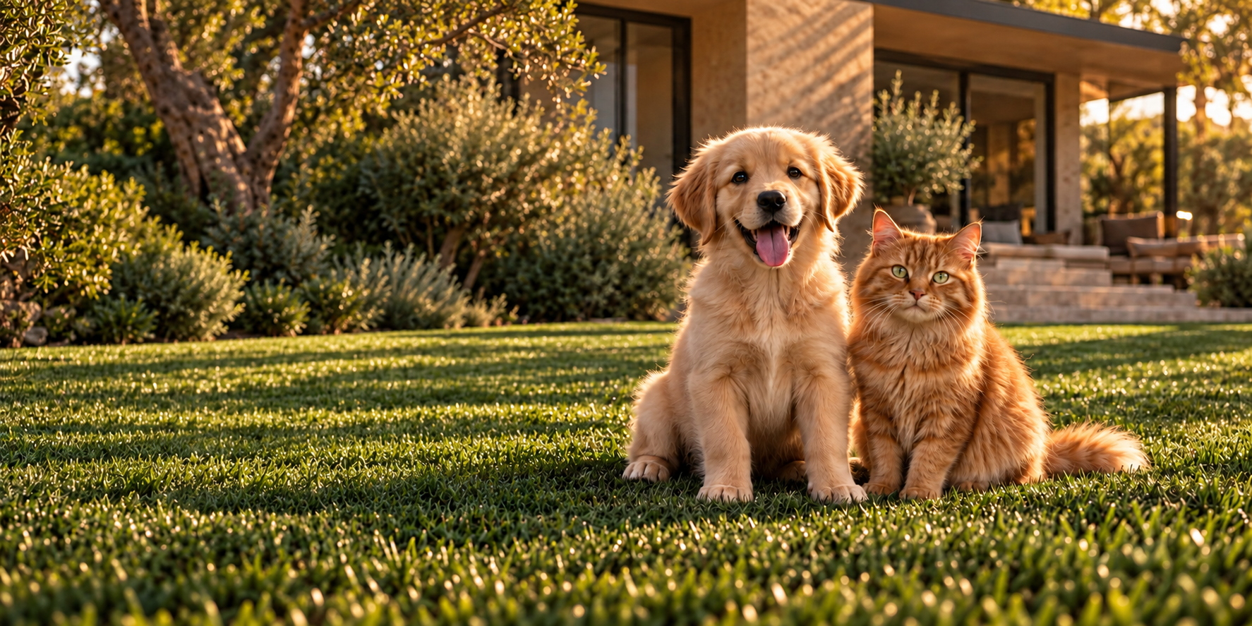 A golden retriever puppy and a ginger cat sitting together on a lawn in front of a modern house at golden hour, generated image