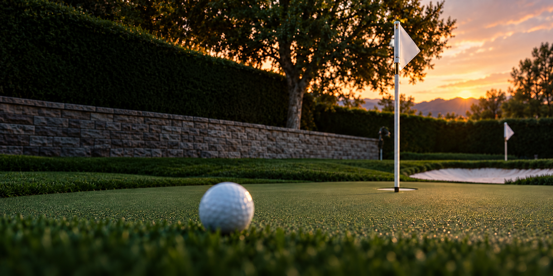 A golf ball on a putting green at sunset, seen from ground level, a flag ahead of it and a second flag and a stone wall beyond, generated image